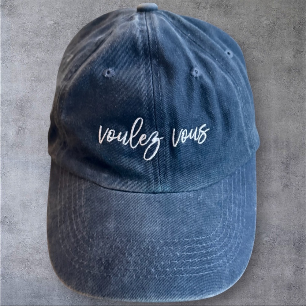 Voulez Vous Dad Hat Blue Washed Cotton French Script Embroidered Strapback Cap